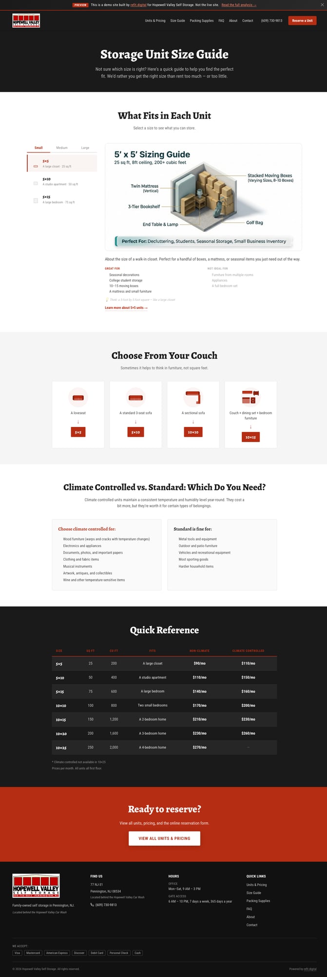Interactive storage unit size guide