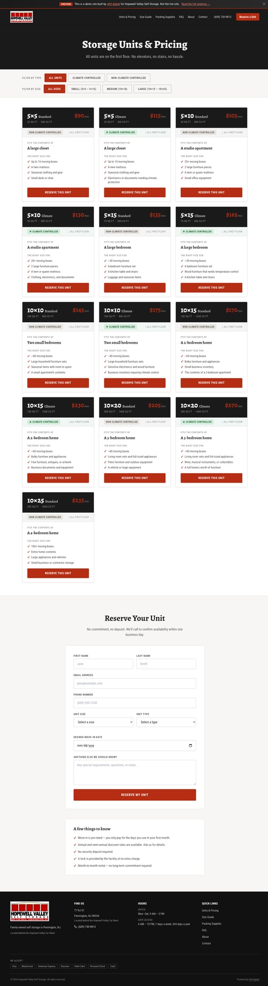 Storage units and pricing page with reservation form