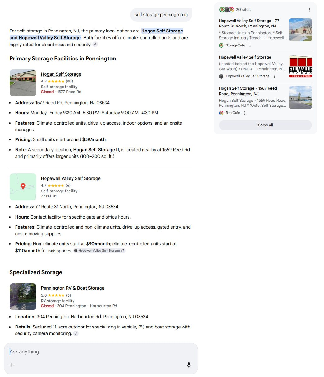 Google AI Mode search results showing Hopewell Valley ranked #2